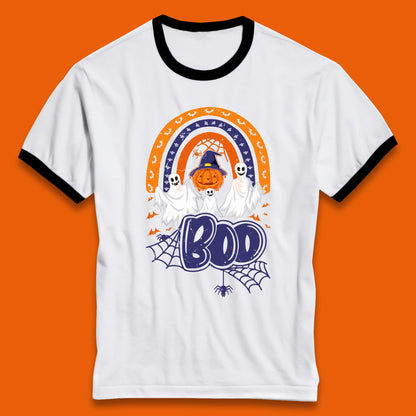 Halloween Boo Ghosts With Witch Pumpkin Scary Spooky Season Ringer T Shirt