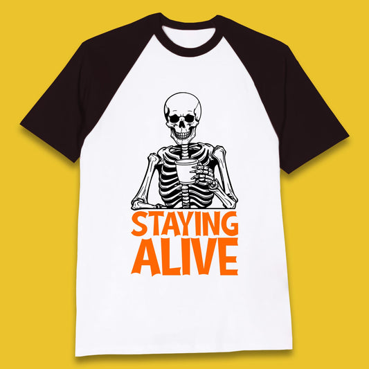 Staying Alive Funny Skeleton Trendy Coffee Halloween Skull Vintage Coffee Lovers Baseball T Shirt