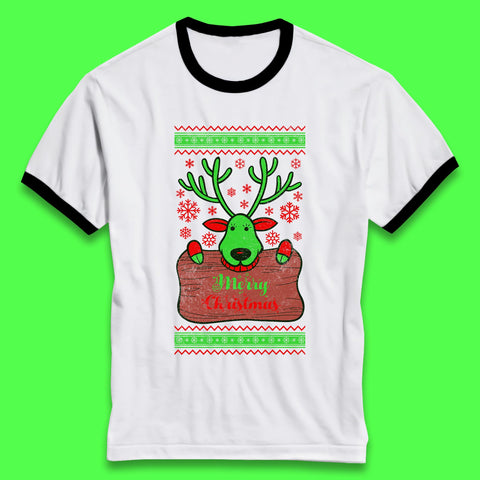 Merry Christmas Happy Reindeer Antler Xmas Festive Gift Ringer T Shirt