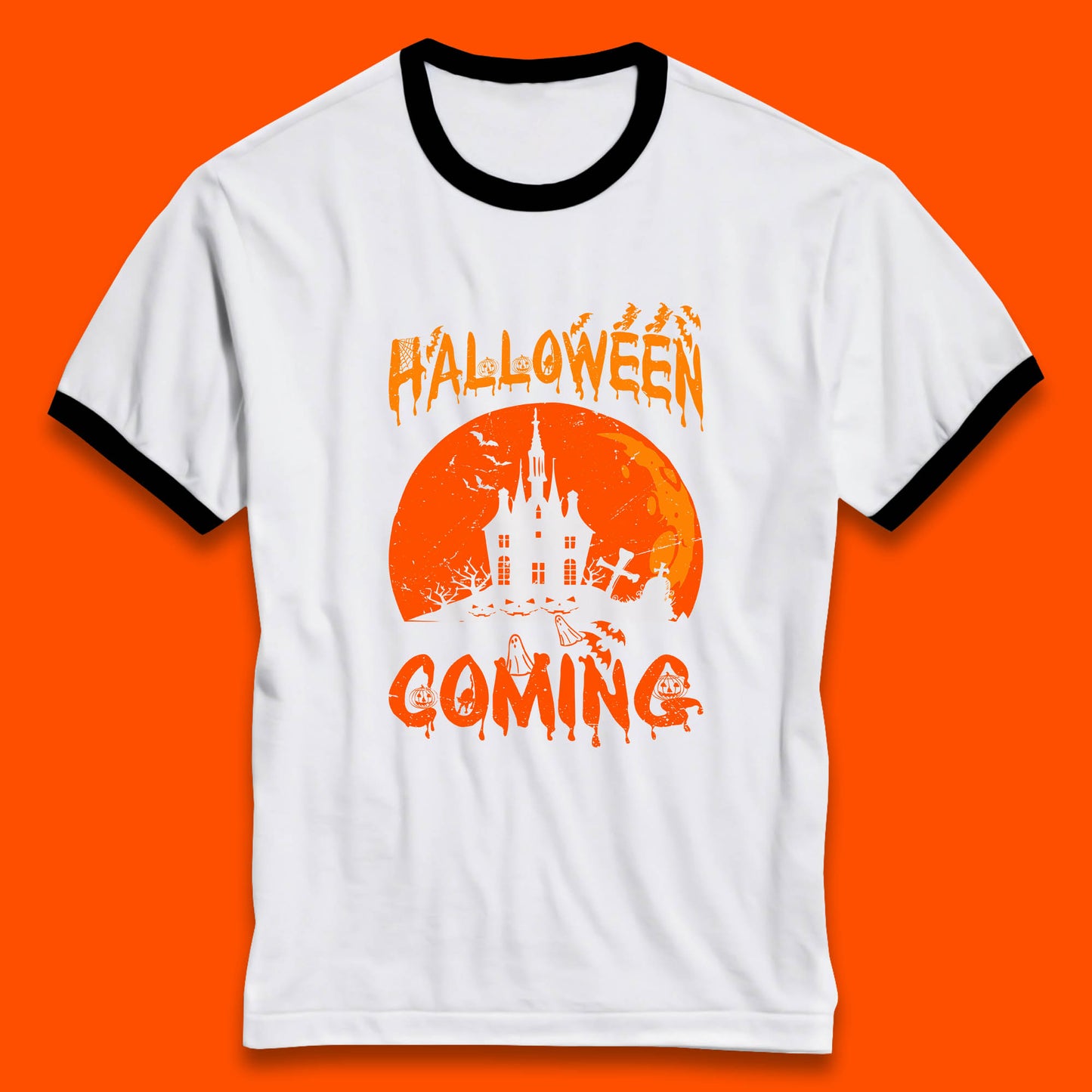 Halloween Coming Horror Scary Ghost Haunted House Spooky Season Ringer T Shirt