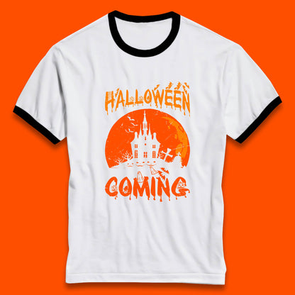 Halloween Coming Horror Scary Ghost Haunted House Spooky Season Ringer T Shirt