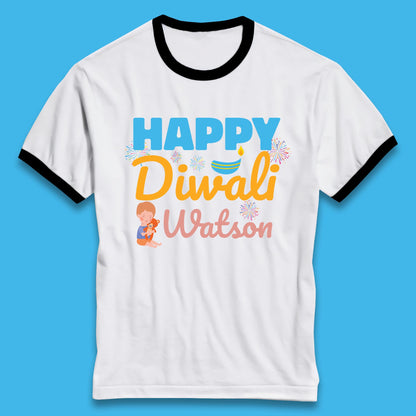 Personalised Happy Diwali Festival Of Lights Your Name Indian Diwali Holiday Celebration Ringer T Shirt