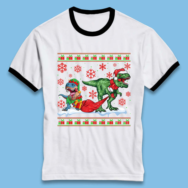 Santa Elf Dinosaur Trex Wearing Christmas Santa Claus And Elf Costume And Holding A Gift Bag Xmas Ringer T Shirt