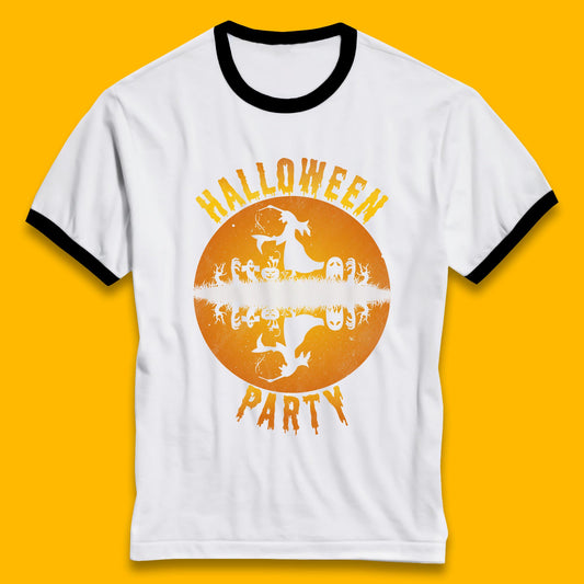 Halloween Party Flying Witch Horror Scary Spooky Season Scary Boo With Full Moon Ringer T Shirt