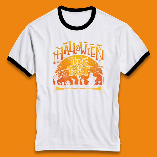 Halloween Trick Or Treat Horror Boo Ghost Creepy Zombie Hands Out Of Graveyard Ringer T Shirt