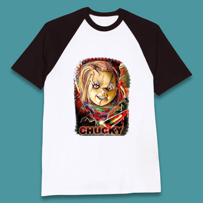 Chucky Distressed Childs Play Horror Monster Creepy Doll Toy Scary Halloween Scary Movie Character Baseball T Shirt