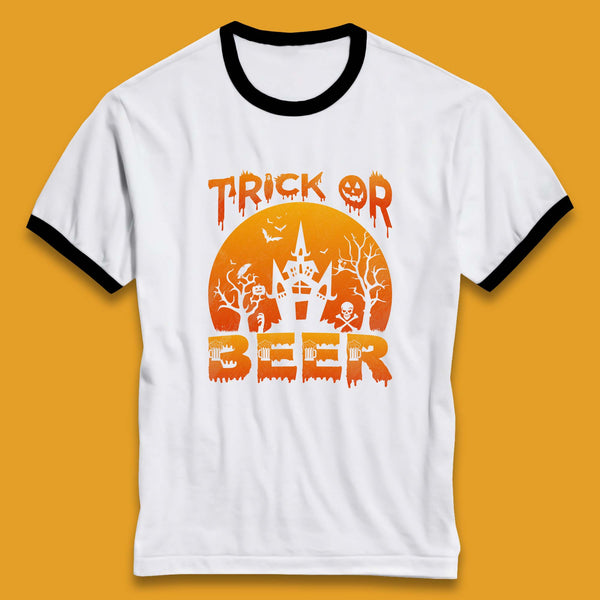 Trick Or Beer Halloween Drinking Beer Lover Horror Haunted House Drinker Halloween Party Ringer T Shirt