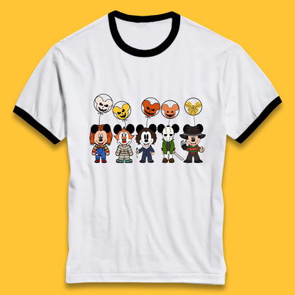 Disney Halloween Friends Horror Movie Characters Mickey Mouse Balloons Ringer T Shirt