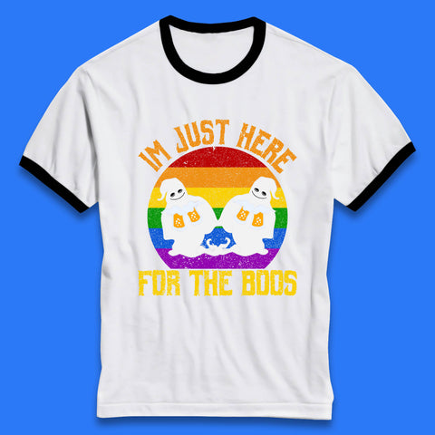 Halloween I Just Here For The Boos Gay Boo Ghosts Drinking Beer LGBTQ Pride Beer Ringer T Shirt