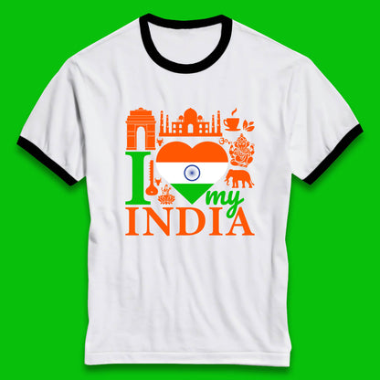 I Love My India Patriotic Indian Flag 15th August Independence Day Ringer T Shirt