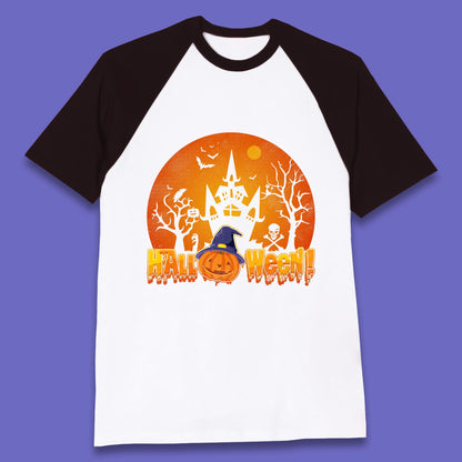 Halloween Pumpkin Witch Hat Haunted Castle Flying Bats Skull Bones Scary Dark Night Baseball T Shirt