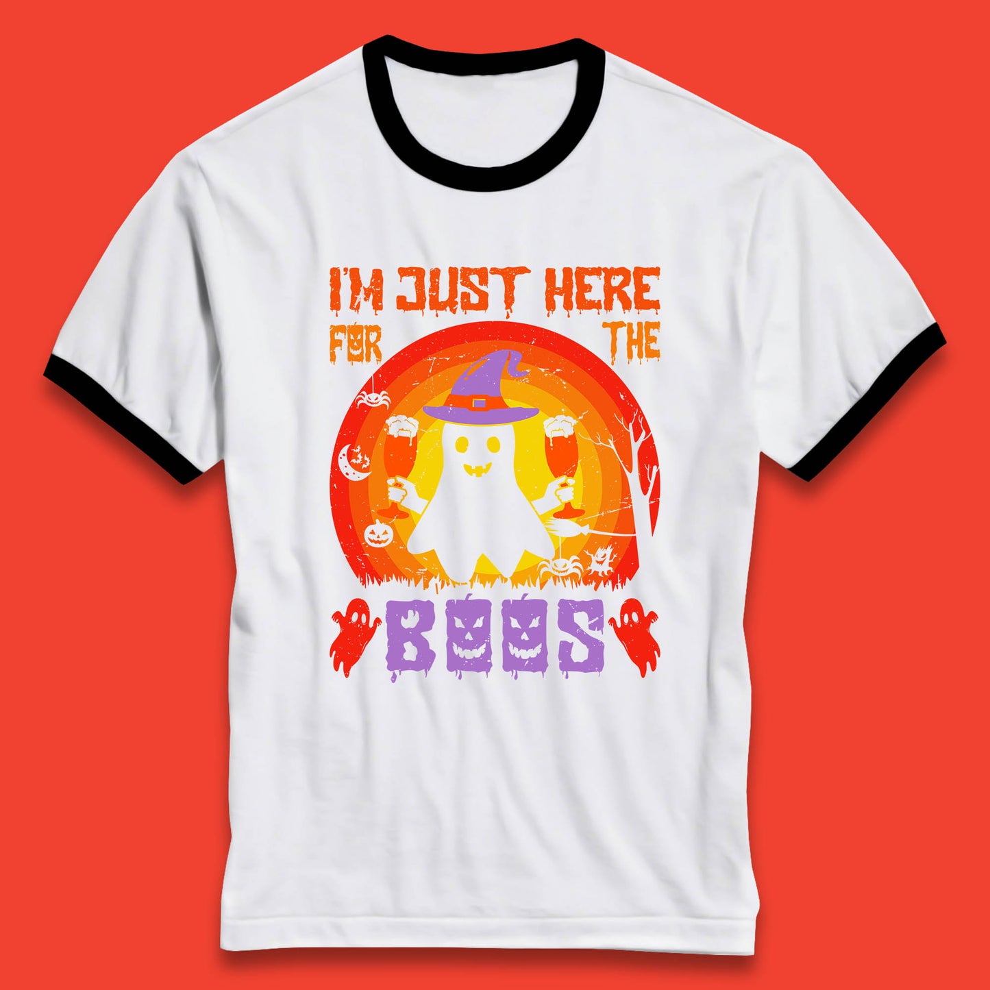 I'm Just Here For The Boos Halloween Boo Ghost Witch Hat Horror Scary Ringer T Shirt