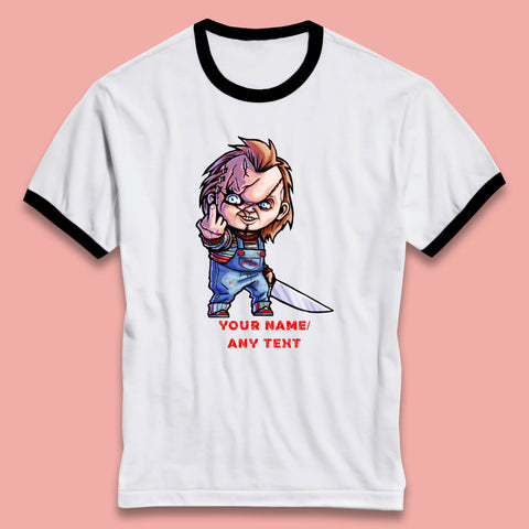 Personalised Chucky With Knife Your Name Or Text Halloween Horror Movie Character Ringer T Shirt