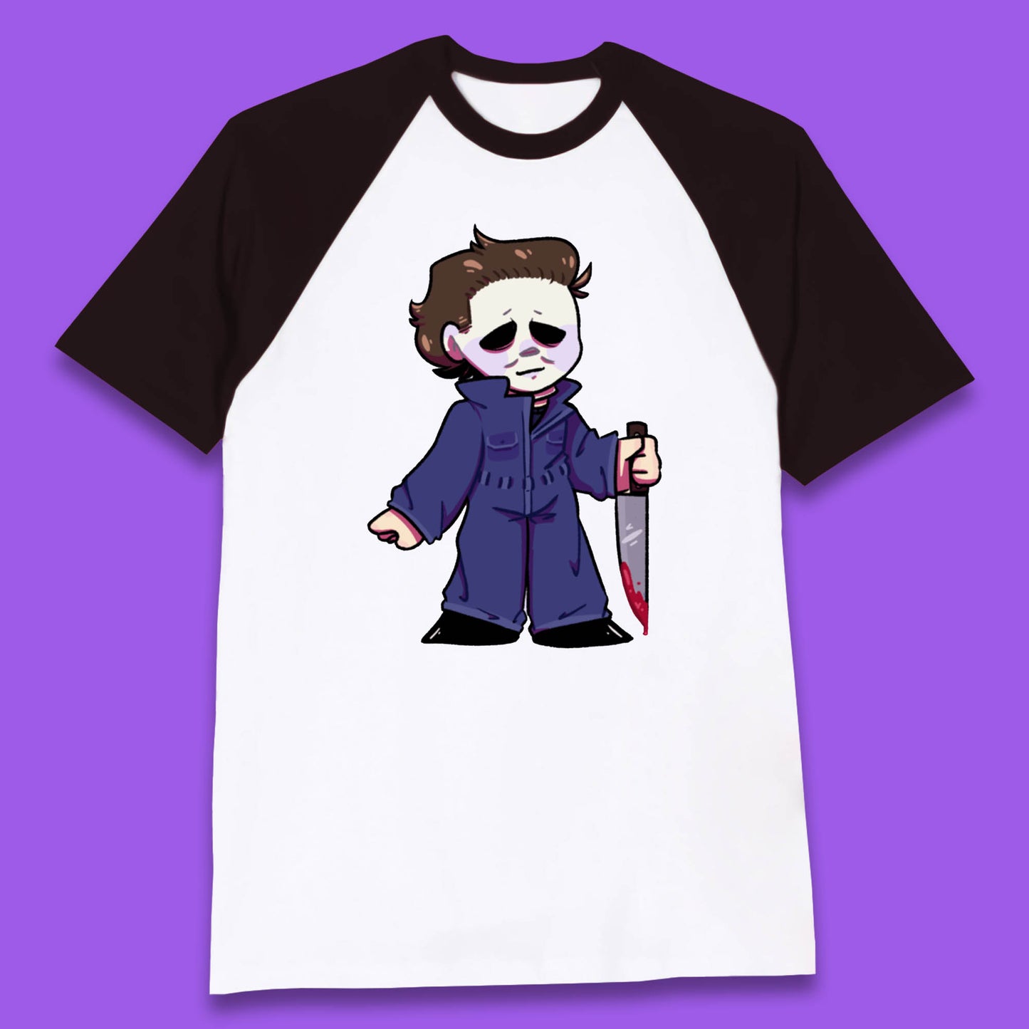 Chibi Michael Myers Holding Bloody Knife Halloween Serial Killer Horror Movie Character Baseball T Shirt