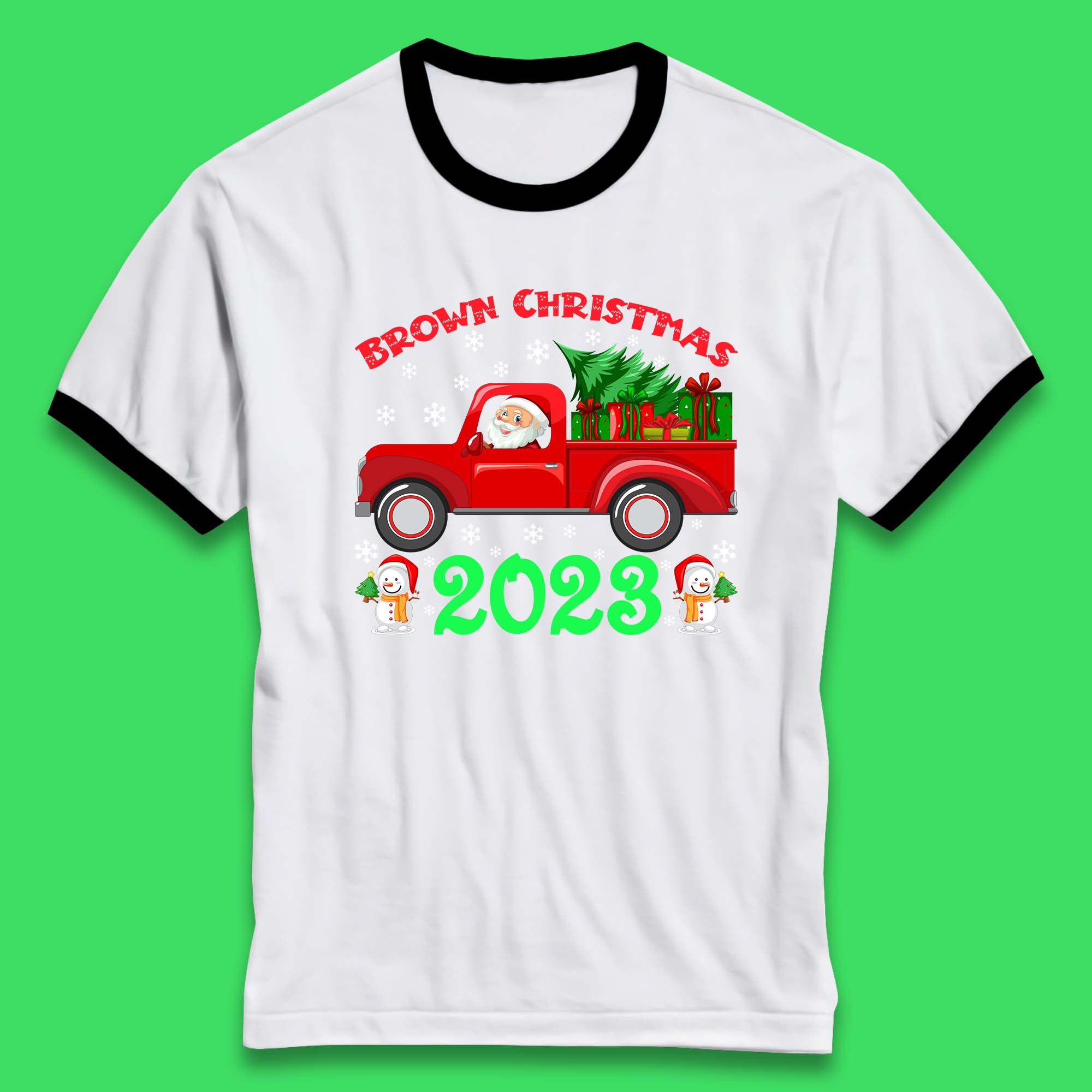 Brown Christmas 2023 Santa Claus Driving Truck With Christmas Tree To Delivery Christmas Gifts Xmas Ringer T Shirt