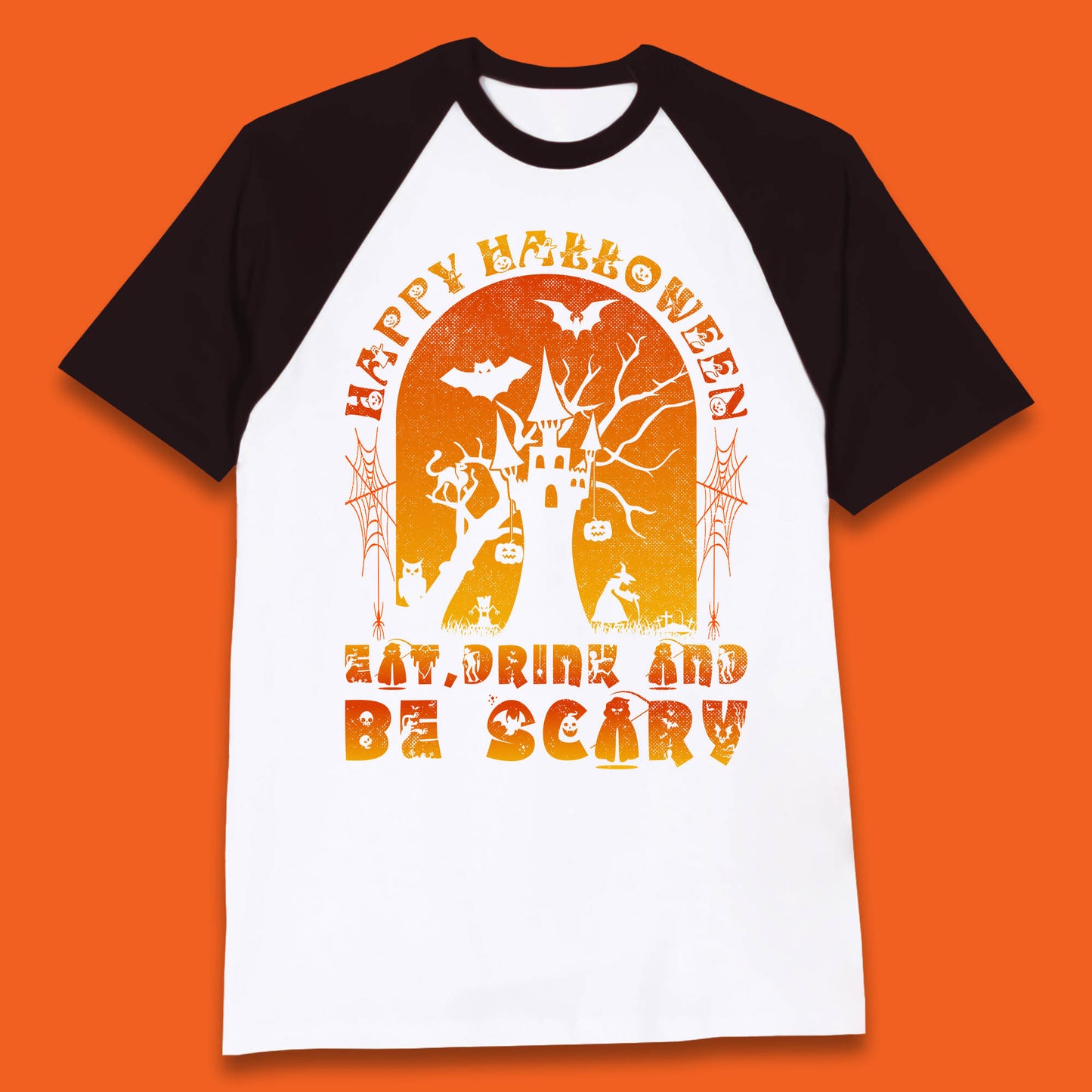 Happy Halloween Eat Drink And Be Scary Spooky Horror Hunted House Festive Gift Baseball T Shirt