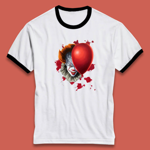 IT Pennywise Clown With Balloon Halloween Evil Clown Costume Horror Movie Serial Killer Ringer T Shirt