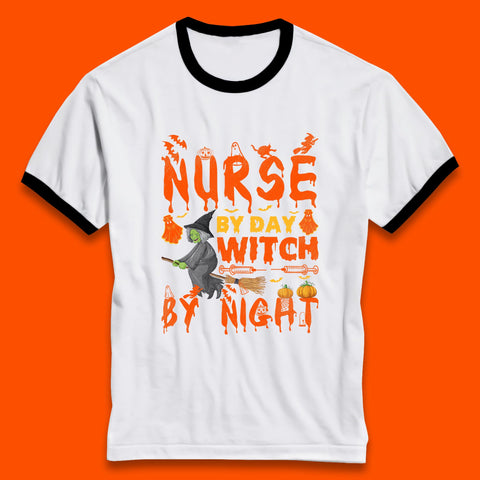 Nurse By Day Witch By Night Halloween Funny Nursing Spooky Nurse Ringer T Shirt