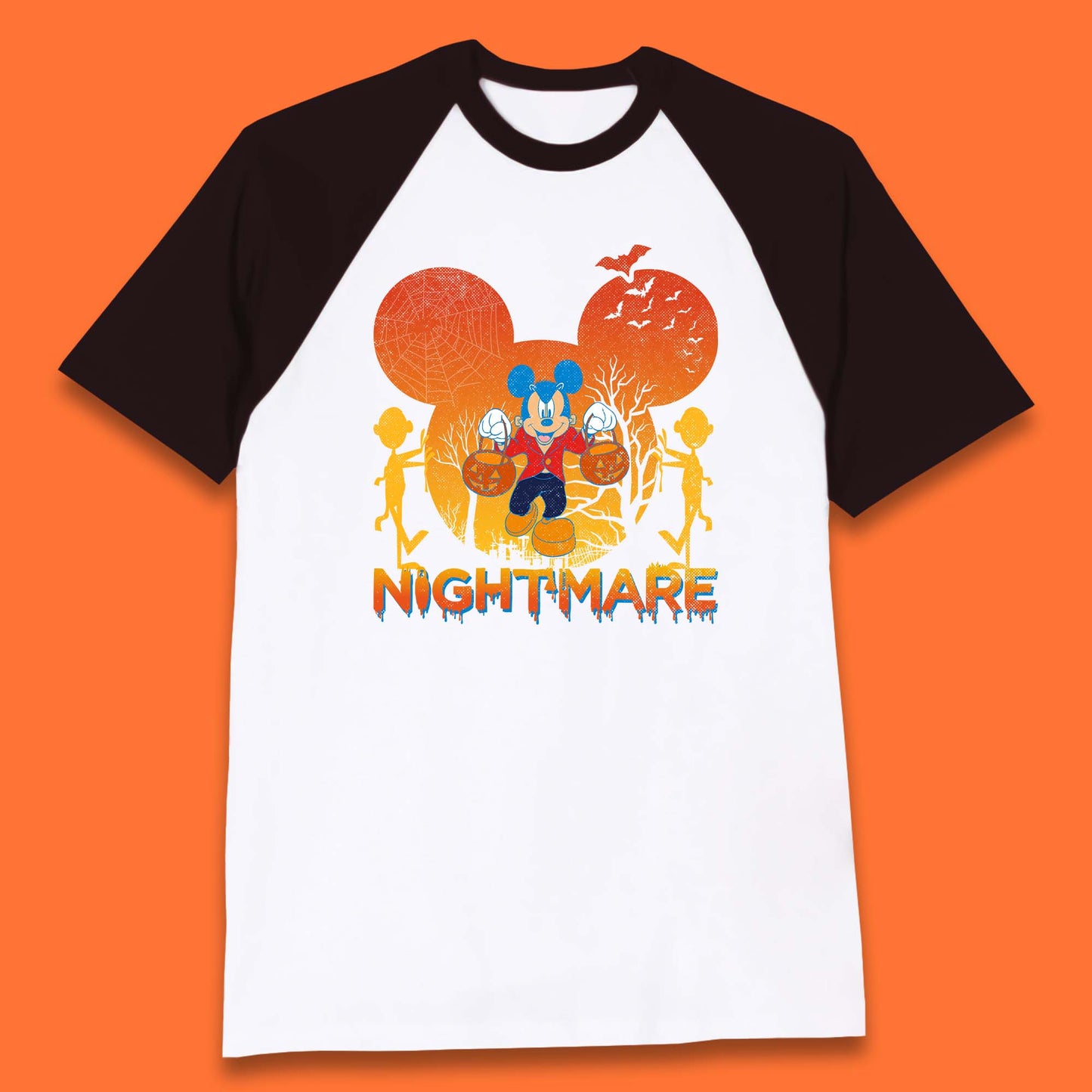 Halloween Nightmare Disney Mickey Mouse Holding Pumpkin Bucket Horror Scary Disneyland Trip Baseball T Shirt