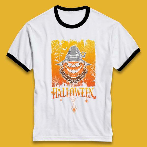 Angry Halloween Scary Evil Pumpkin Funny Pumpkin Head With Fire Eyes Scary Spooky Season Ringer T Shirt