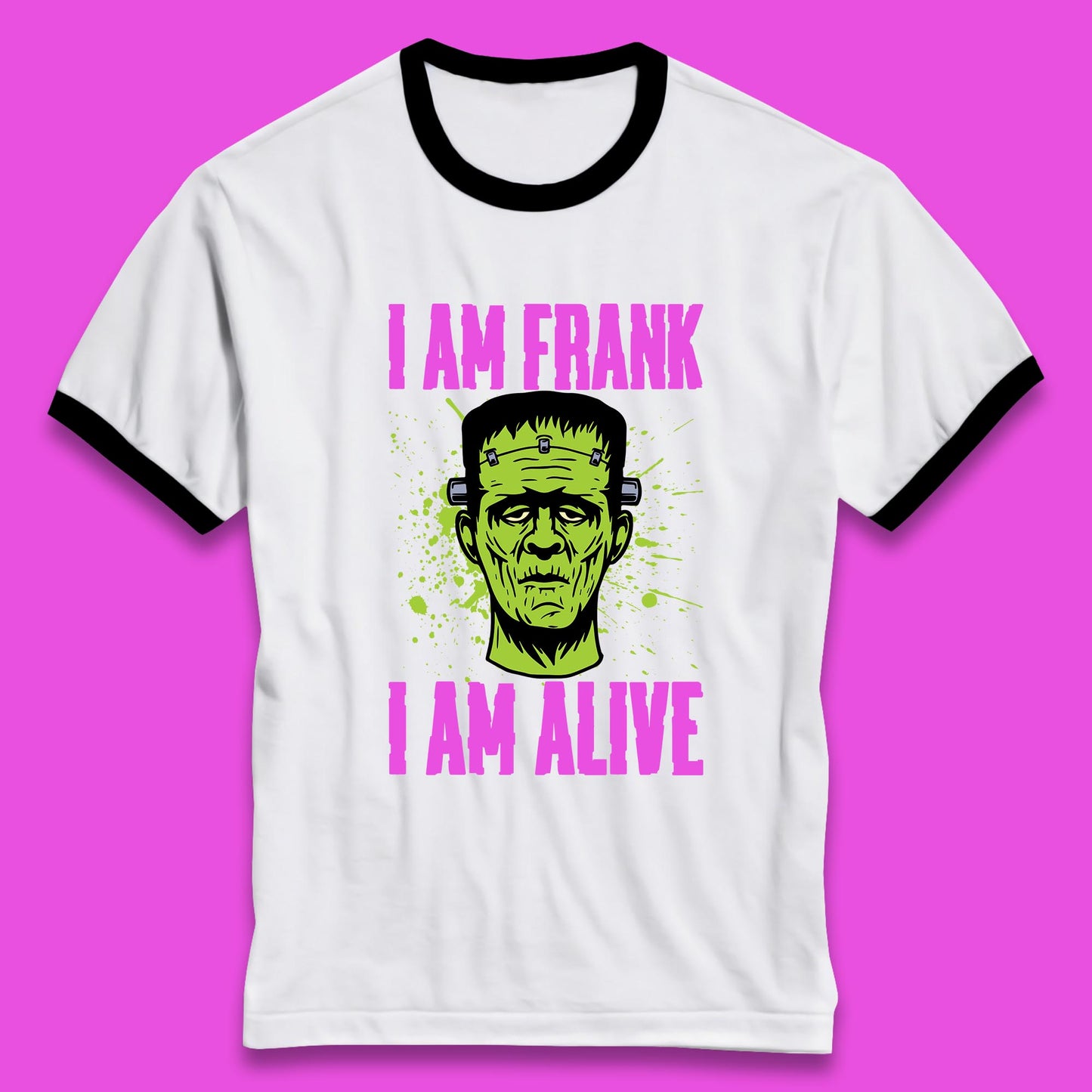 I Am Frank I Am Alive Halloween Green Frankenstein Monster Zombie Horror Face Ringer T Shirt