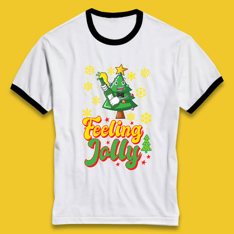 Feeling Jelly Beer Fir With Snow Christmas Tree Cartoon Xmas Drinking Lovers Ringer T Shirt