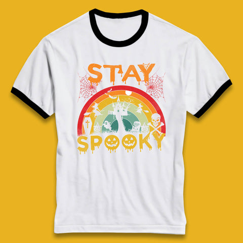 Stay Spooky Vintage Halloween Hunted House Dark Night Full Moon And Flying Bats Ringer T Shirt