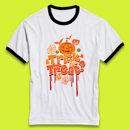 Trick Or Treat Halloween Pumpkin Blood Dripping Horror Scary Spooky Season Ringer T Shirt