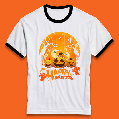 Happy Halloween Jack O Lantern Pumpkins Scary Boo Ghost Haunted Trees Ringer T Shirt