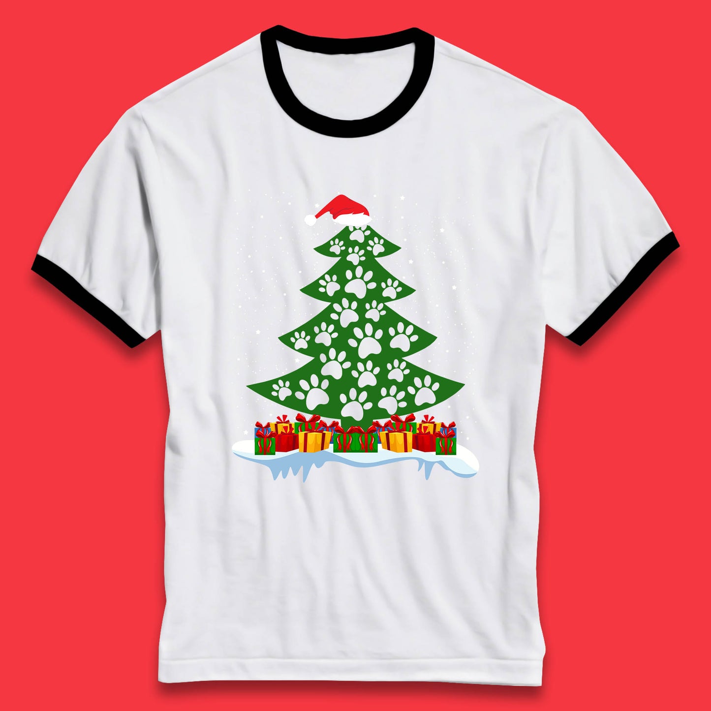 christmas tree with paw prints of dogs ringer t shirt