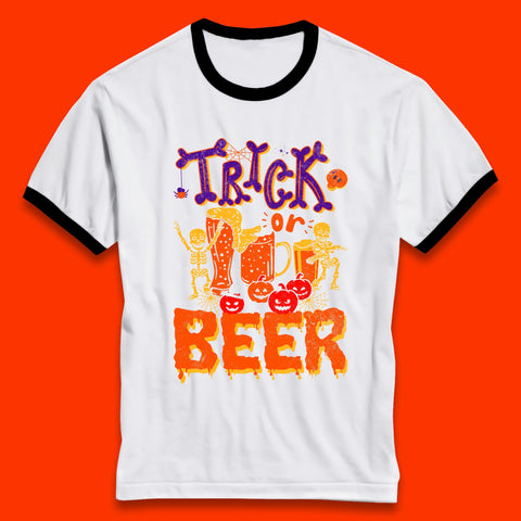 Trick Or Beer Halloween Drinking Beer Lover Dancing Skeleton Drinker Halloween Party Ringer T Shirt