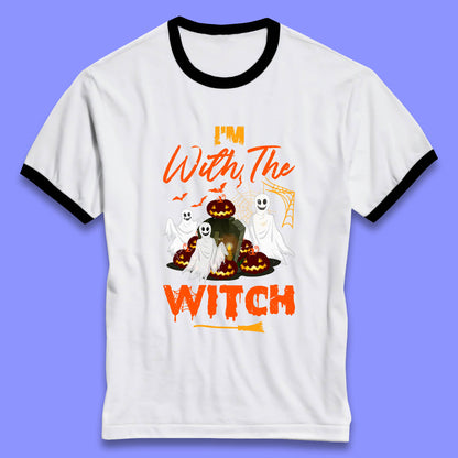 I'm With The Witch Halloween Ghosts With Jack-O-Lantern Horror Pumpkins Ringer T Shirt