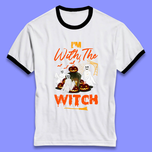 I'm With The Witch Halloween Ghosts With Jack-O-Lantern Horror Pumpkins Ringer T Shirt