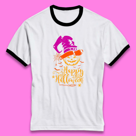Happy Halloween Witch Hat Pumpkin Horror Scary Jack-o-lantern Flying Bats Ringer T Shirt