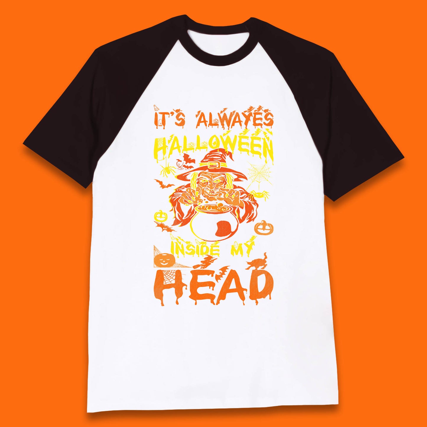 It's Always Halloween Inside My Head Witch Cooking A Magic Potion In The Cauldron (Stew Pot) Halloween Baseball T Shirt