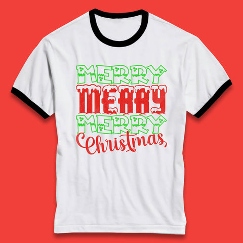 Merry Merry Merry Christmas Winter Holiday Festive Celebration Ringer T Shirt