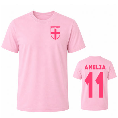 Custom Pink England Name and Number T Shirt for Women Personalised Womens Football T Shirt Pink Text