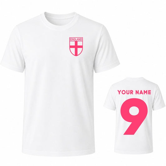 Custom Pink England Name and Number T Shirt for Women Personalised Womens Football T Shirt Pink Text