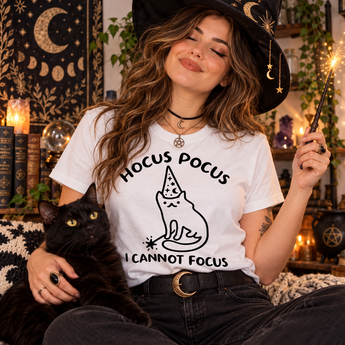 Hocus Pocus I Cannot Focus T Shirt Funny Cat Wizard Design Sarcastic Graphic Shirt ADHD Humour Gift