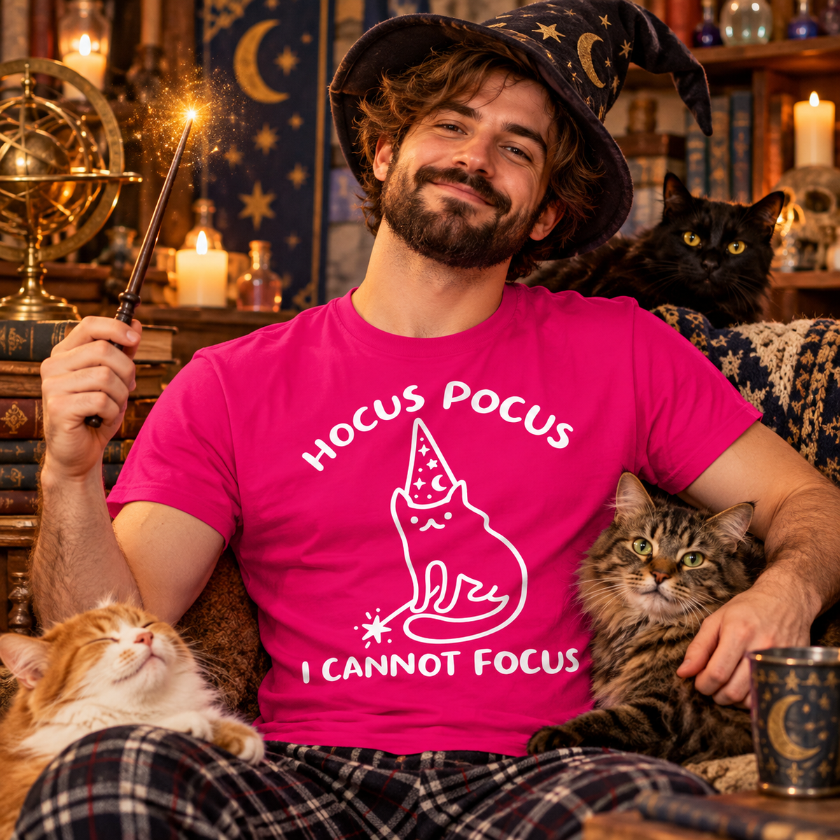 Hocus Pocus I Cannot Focus T Shirt Funny Cat Wizard Design Sarcastic Graphic Shirt ADHD Humour Gift