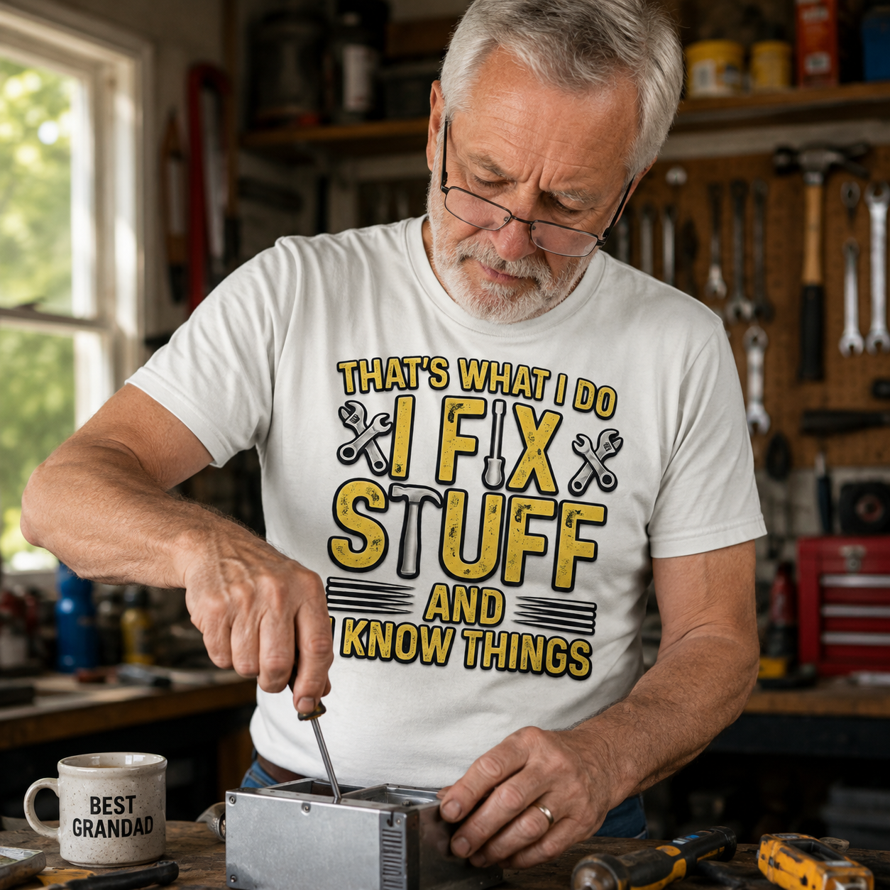 I Fix Stuff and I Know Things T-Shirt Funny Handyman Tradesman Tools Dad Gift Tee