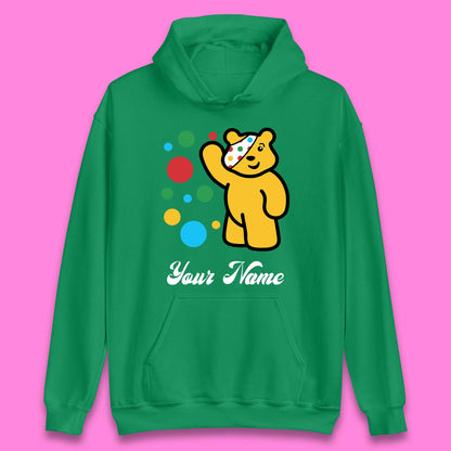 Personalised Spotty Pudsey Bear Hand Waving Dotty Spot Your Name Fundraising Spotty Bear Spotty Day Unisex Hoodie