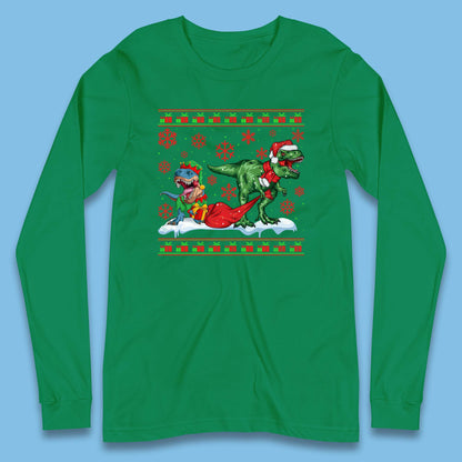 Christmas T-rex Dinosaur Wearing Santa & Elf Costume Long Sleeve T Shirt