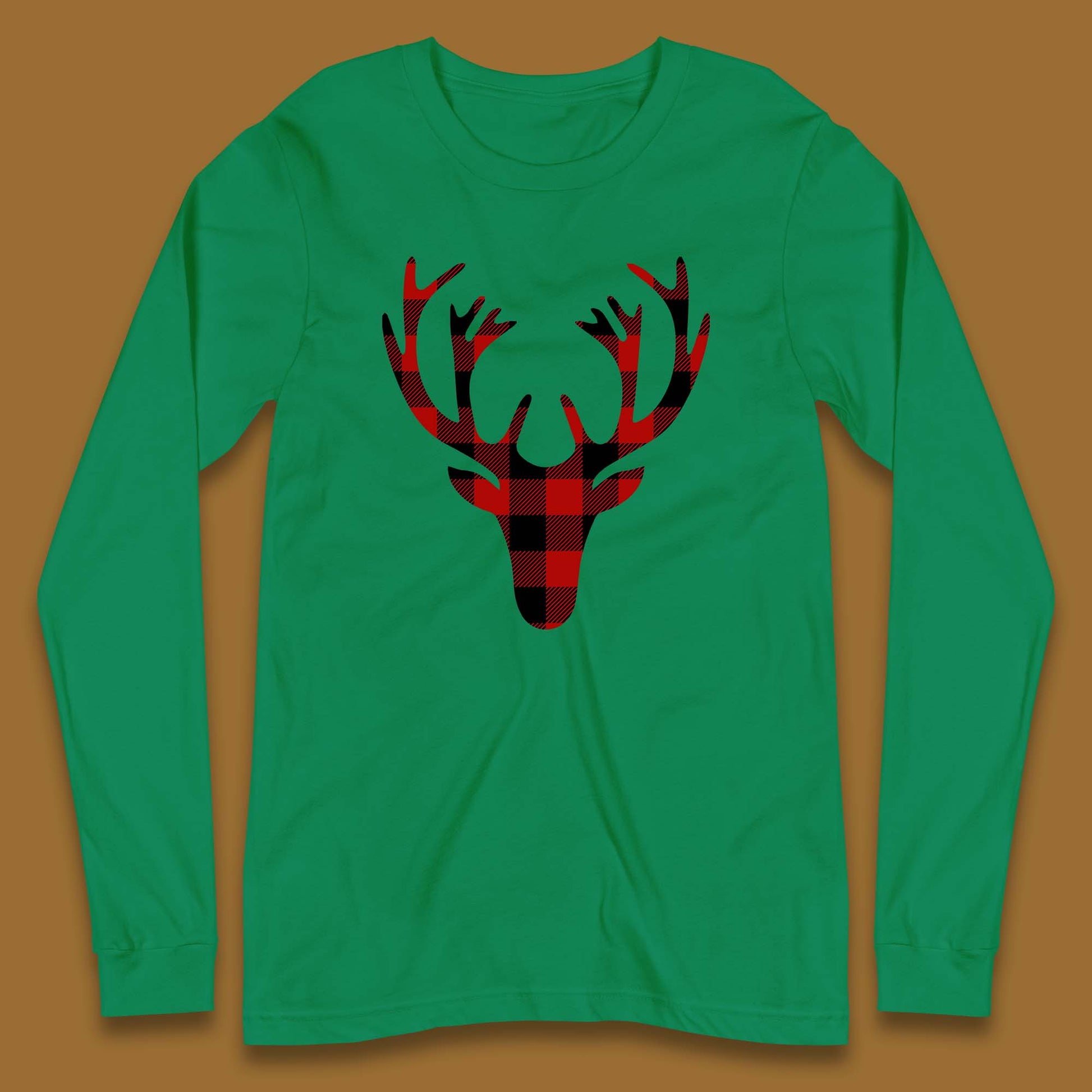 merry christmas buffalo plaid deer head long sleeve t shirt