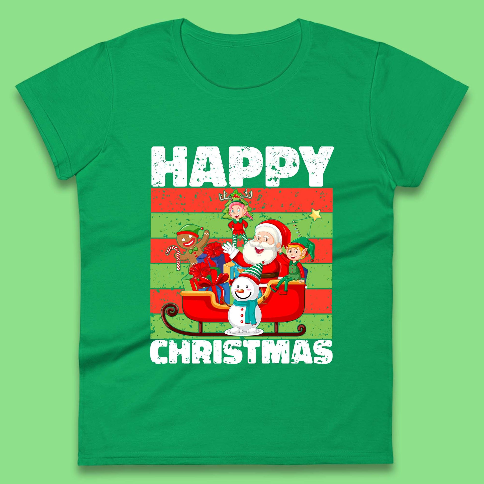 santa and friends on sleigh christmas womens t shirt