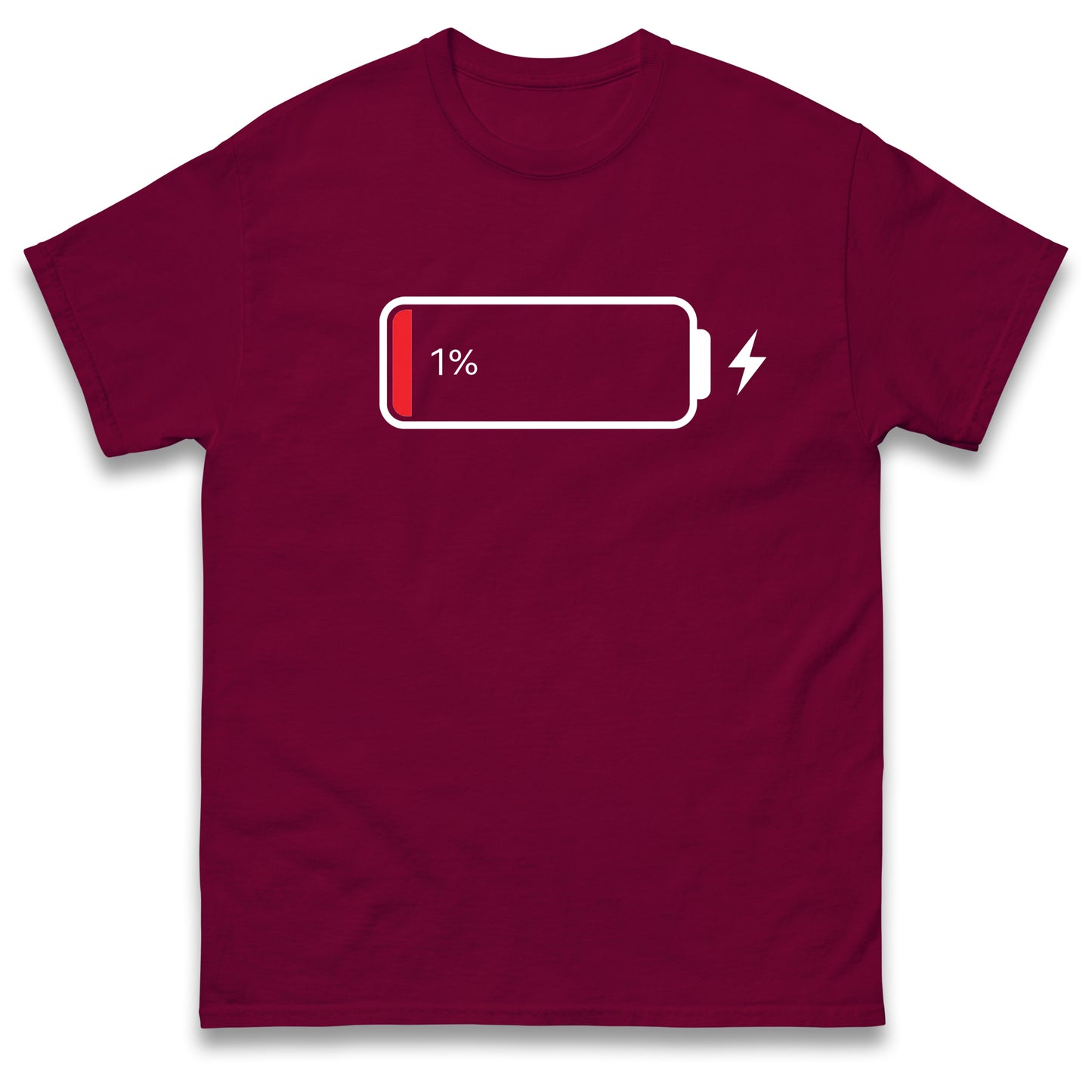 Low Battery T Shirt Funny Tech Humour 1% Charged Phone Design Graphic Top