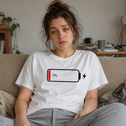 Low Battery T Shirt Funny Tech Humour 1% Charged Phone Design Graphic Top