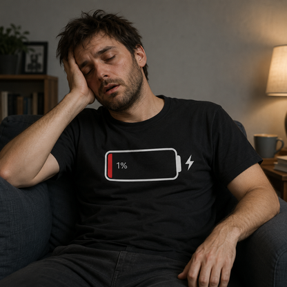 Low Battery T Shirt Funny Tech Humour 1% Charged Phone Design Graphic Top