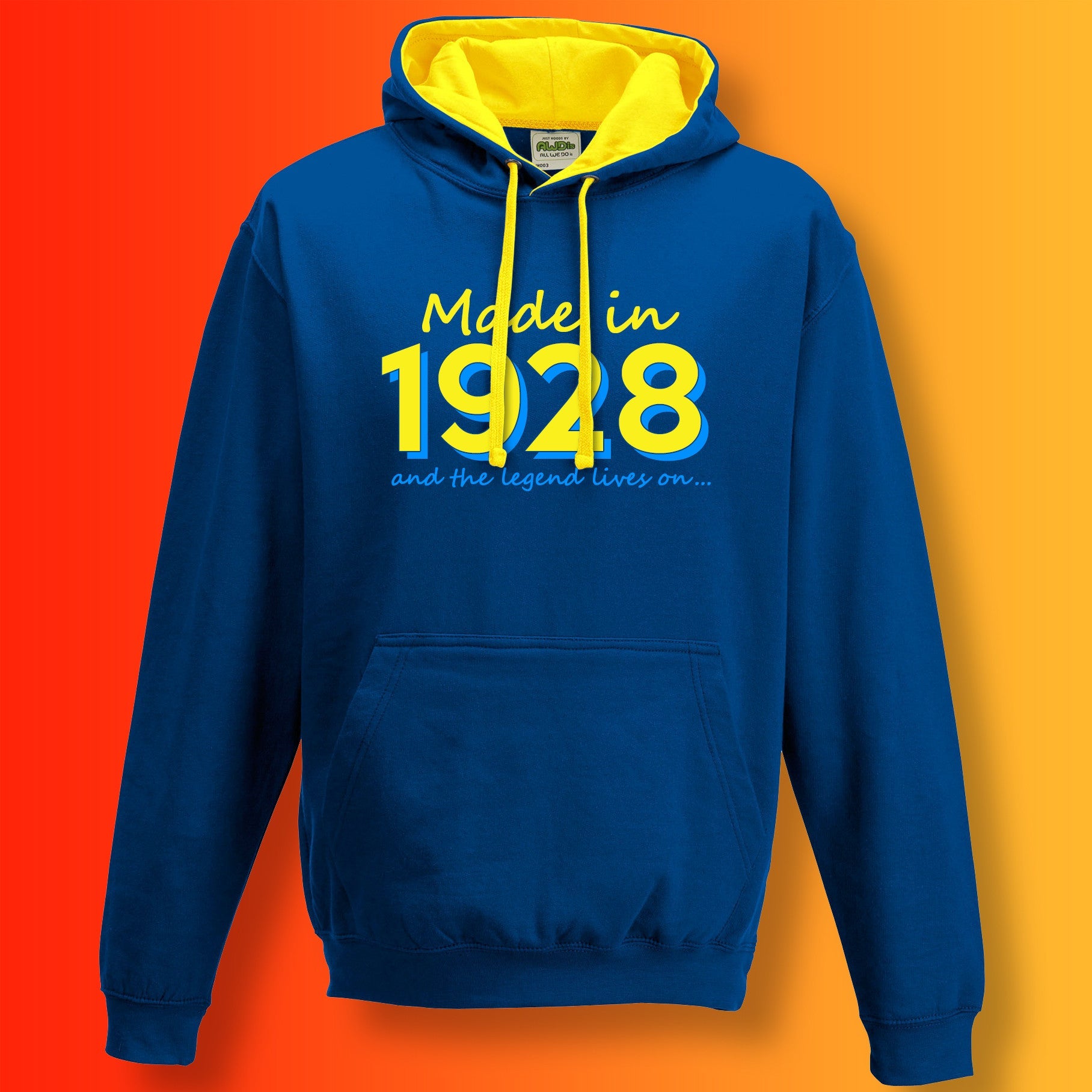 Made In 1928 and The Legend Lives On Hoodie Royal Blue Sun Yellow