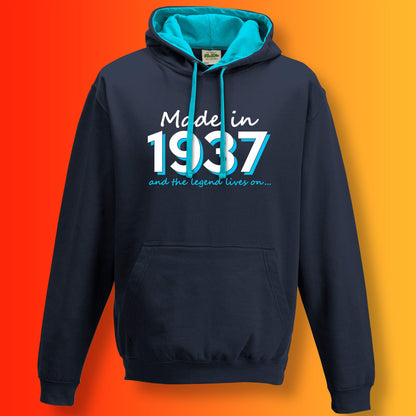 Made In 1937 and The Legend Lives On Hoodie Oxford Navy Hawaiian Blue